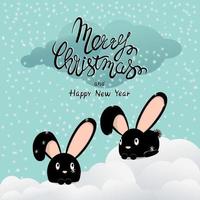 Vector Greeting card design Merry Christmas and Happy New Year. Template with black Black bunny against a winter snow landscape. For an on-screen digital greeting or paper card for personal delivery