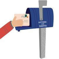 Mailbox with letters from children for Santa Claus. Classic decorative Christmas  post box on stick with envelopes and hand. vector