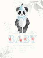 Its a Baby. Baby Shower lettering invitation template with watercolor plush toy panda and green leaf. vector