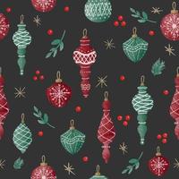 Seamless pattern with Christmas symbol holly leaves, Christmas tree with cones, stars and balls. vector