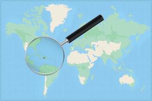 Map of the world with a magnifying glass on a map of Haiti. vector