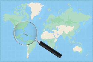 Map of the world with a magnifying glass on a map of Cuba. vector