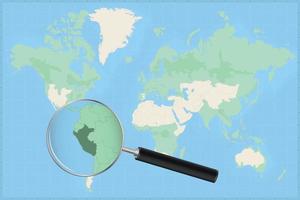 Map of the world with a magnifying glass on a map of Peru. vector