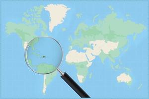 Map of the world with a magnifying glass on a map of Dominican Republic. vector