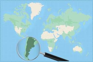 Map of the world with a magnifying glass on a map of Argentina. vector