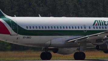 FRANKFURT AM MAIN, GERMANY JULY 18, 2017 - Alitalia Airbus 319 EI IMO accelerate before take off on runway 18. Fraport, Frankfurt, Germany video