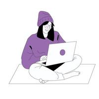 Woman sits on floor behind laptop online vector