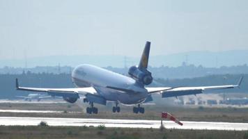 FRANKFURT AM MAIN, GERMANY JULY 20, 2017 - Lufthansa cargo MD 11 D ALCI landing at 25L. Fraport, Frankfurt, Germany video