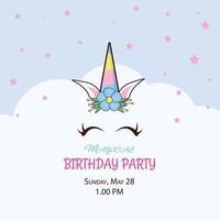 invitación de unicornio para una fiesta de cumpleaños mágica con una nube de fondo vector