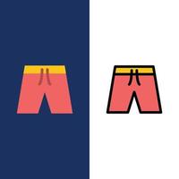 ropa de playa pantalones cortos iconos planos y llenos de línea conjunto de iconos vector fondo azul