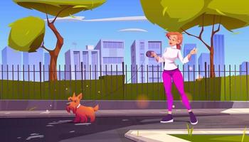 mujer camina con perro en la calle de la ciudad vector
