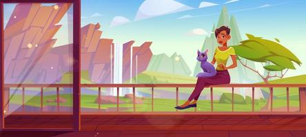 Woman with cat relax at outdoor home terrace. vector