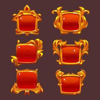 Game level ui icons, golden buttons, square frames vector