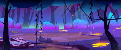 Night forest landscape, cartoon mysterious fantasy vector