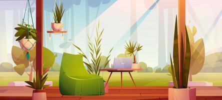 Wooden terrace with home plants, workplace, laptop vector