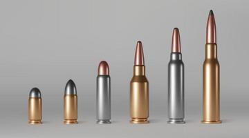 Bullets of different calibers stand in row. vector