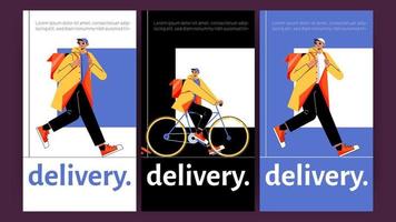 Delivery posters with man courier with backpack vector