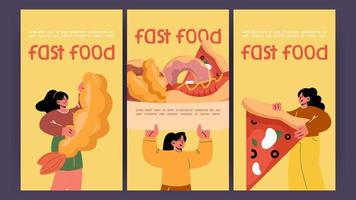 carteles de comida rápida con chica, hot dog, pizza, donut vector