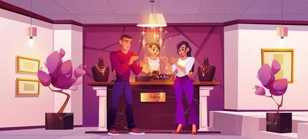 Jewelry shop with people buy gold chain and ring vector