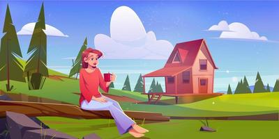 Girl on picnic on summer meadow with wooden house vector