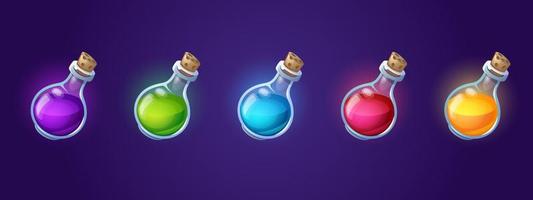 Potion bottles with magic elixir, cartoon flasks vector