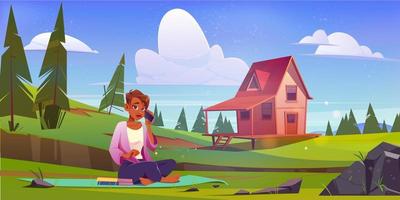 Woman with smartphone relax on nature landscape vector