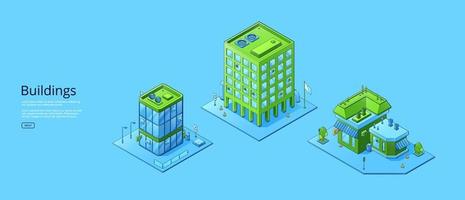 Buildings poster with isometric office and store vector