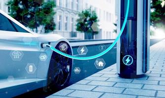 High-speed charging station for electric vehicles on city streets with blue energy battery charging. Fuel power and transportation industry concept. 3D illustration rendering photo