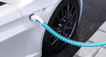 High-speed charging station for electric vehicles on city streets with blue energy battery charging. Fuel power and transportation industry concept. 3D illustration rendering photo