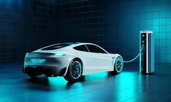 Futuristic electric car is connected to the EV charging station in the underground parking of the business center showroom. Technology and alternative energy concept. 3D illustration rendering photo