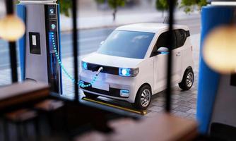 Blue EV charging station and electric vehicle in the city background with coffee shop foreground. Eco technology and Transportation concept. 3D illustration rendering photo