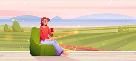 Woman rest on house terrace with view to fields vector