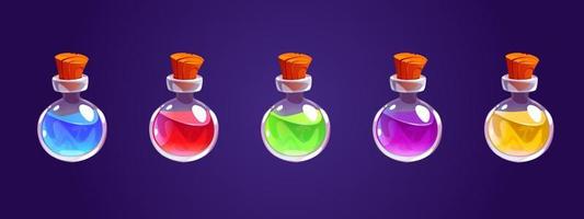 Magic potion bottles, glass jars with elixir vector