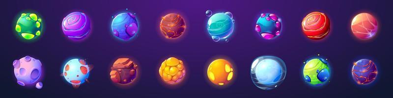 planetas alienígenas, asteroides de dibujos animados, objetos de juego de interfaz de usuario vector