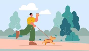 Man walk with dog on leash in park vector