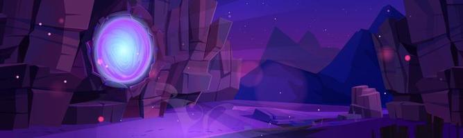 portal mágico en la pared de roca con brillo púrpura místico vector