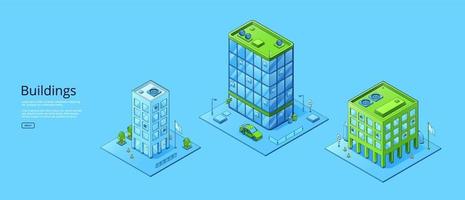 Poster with isometric modern city buildings vector