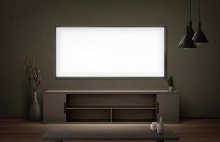 Living room with wide lcd tv screen at night vector