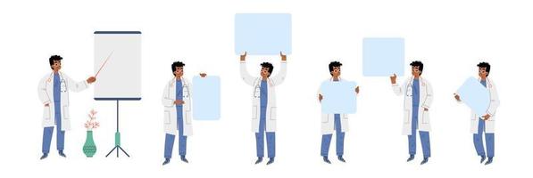 Doctor make presentation and hold empty banners vector