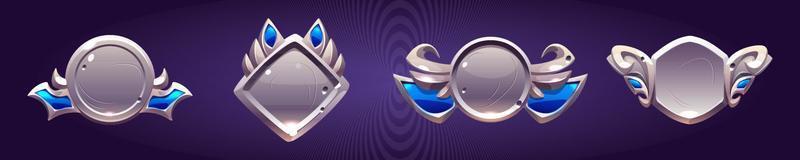 Game level silver badges, metallic ui icons set vector