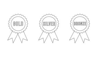 Set of badges with ribbons and inscriptions gold, silver, bronze in line style. Vector illustration