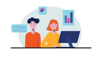 A girl and a guy sitting at a computer table. Students studying. Back to school. Boy and girl in orange and yellow. Work and business. Icon of people working. vector