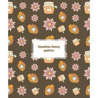 Seamless honey jar pattern, clues, flower on dark background vector