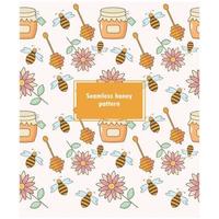 Seamless honey pattern with bees, flower, jar vector