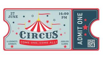 Circus ticket. An invitation to the circus. QR code. Jugglers, clowns, illusionists, acrobats. vector