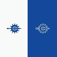 línea de producción de engranajes de desarrollo de diseño de escritura de contenido y línea de banner azul de icono sólido de glifo y gl vector