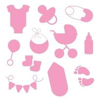 Set of pink silhouette elements for baby showers . Vector illustration