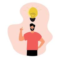 A guy, a man, and an idea. Business man. Creativity. Lampshaded idea. The brunette man in red. vector