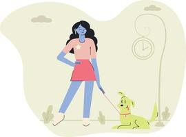 A girl on a walk with her dog. A brunette girl in pink. vector