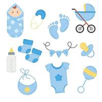 Set of elements for a baby shower in watercolor style for a boy. Vector illustration